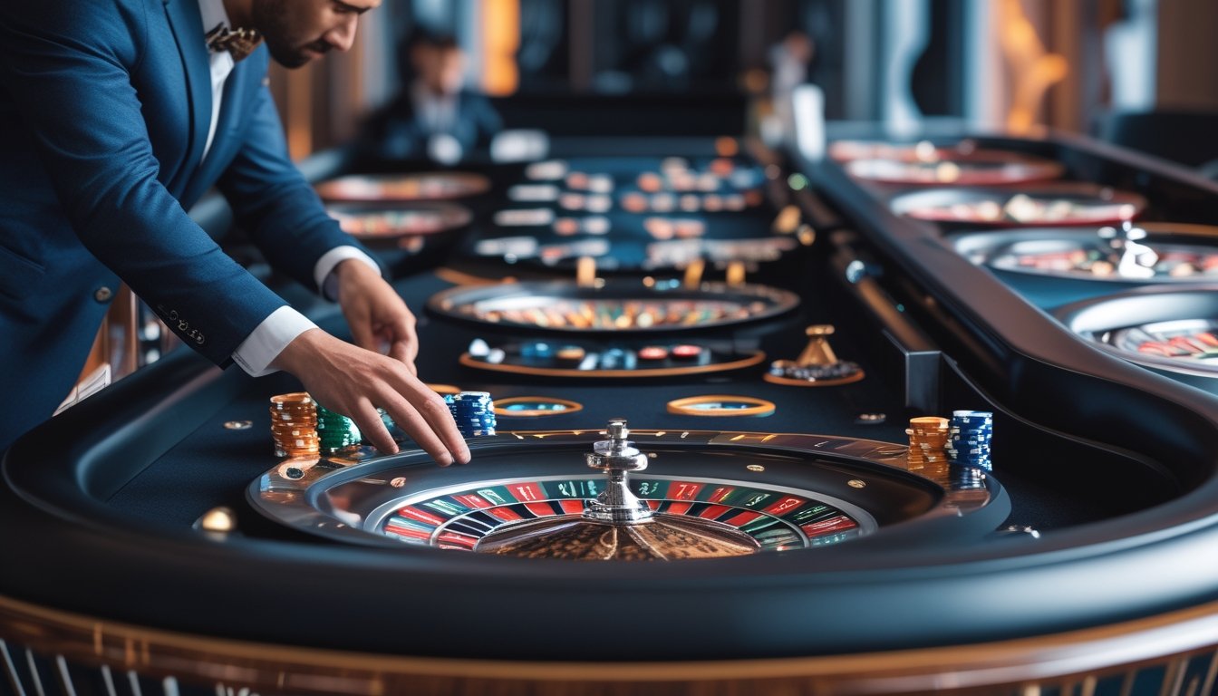 Meja roulette dengan beberapa roda roulette dan seorang pemain yang sedang memasang taruhan di kasino mewah.