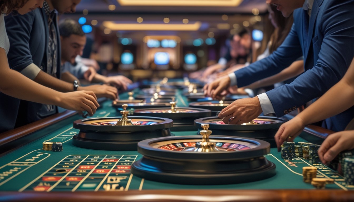 Beberapa roda roulette di meja kasino dengan pemain yang sedang memasang taruhan.