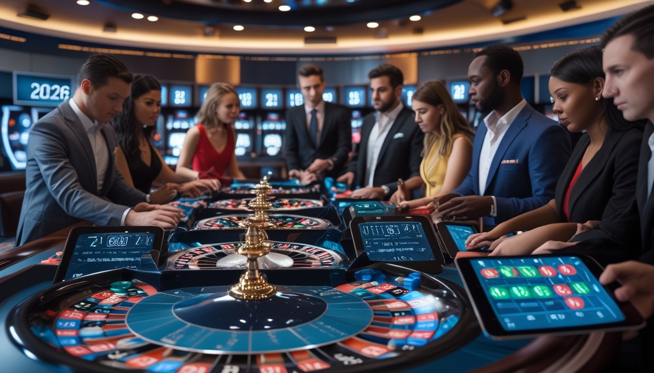 Beberapa roda roulette di meja kasino modern dengan pemain yang sedang menganalisis peluang dan probabilitas kemenangan.