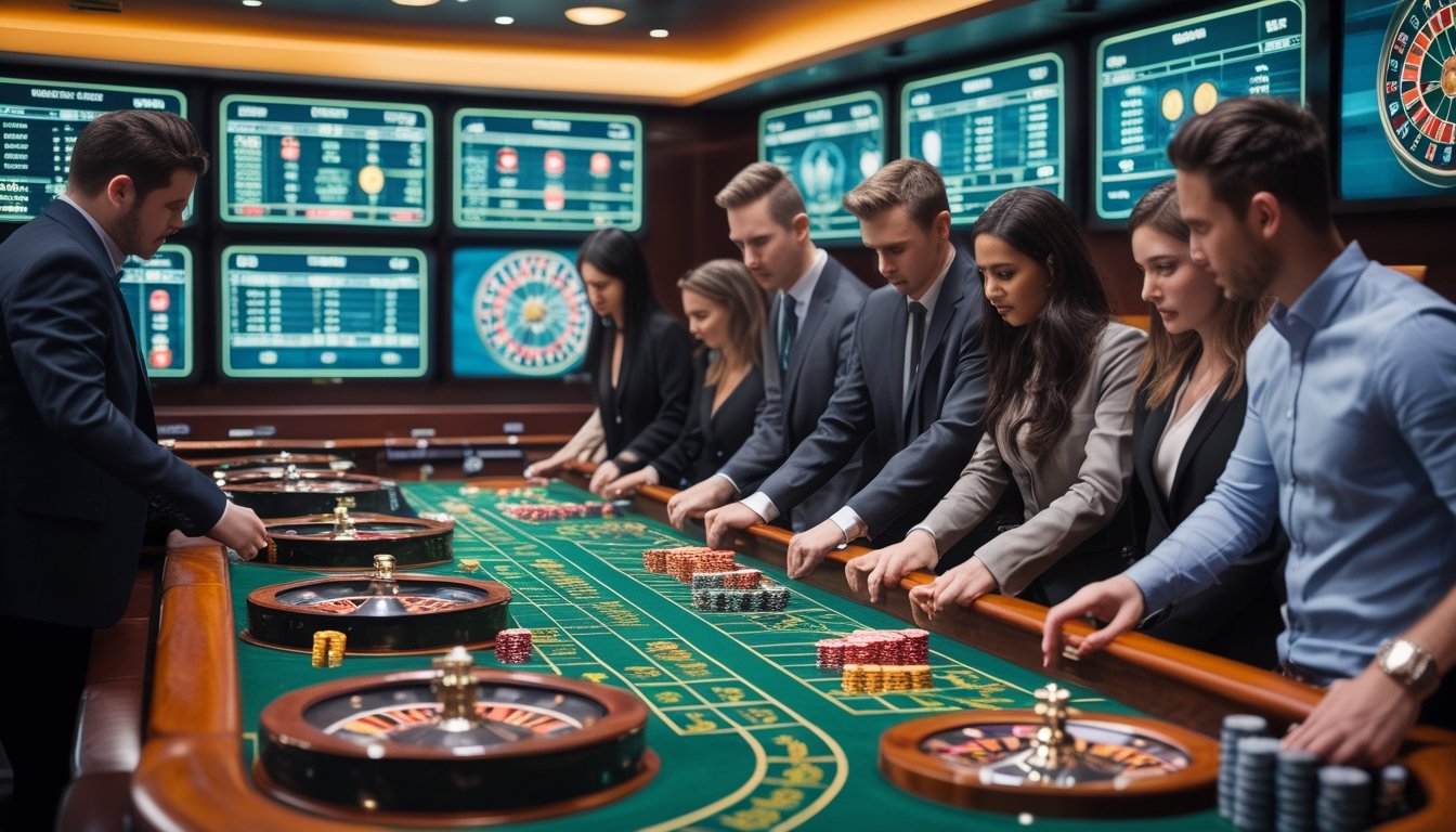 Beberapa roda roulette berputar di meja kasino dengan pemain yang sedang memasang taruhan dan layar menampilkan data statistik di latar belakang.