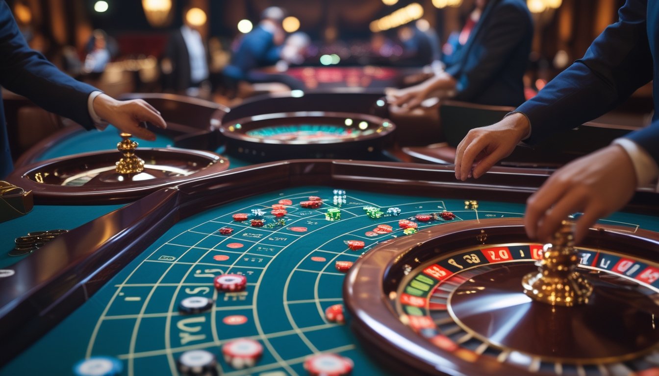 Beberapa roda roulette berdampingan di meja kasino dengan tangan pemain yang sedang memasang taruhan.