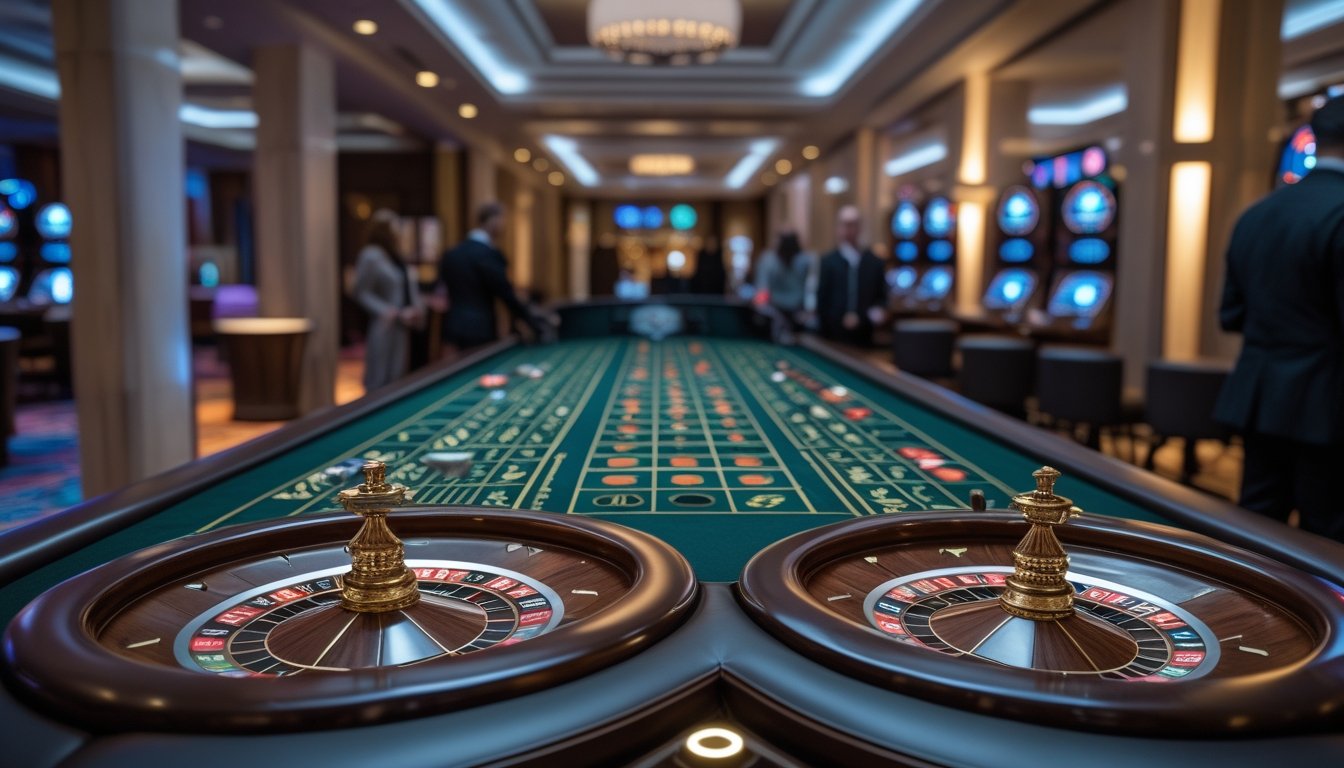 Meja kasino dengan beberapa roda roulette berputar di satu sisi dan satu roda roulette klasik di sisi lain, dengan beberapa pemain yang sedang memasang taruhan.