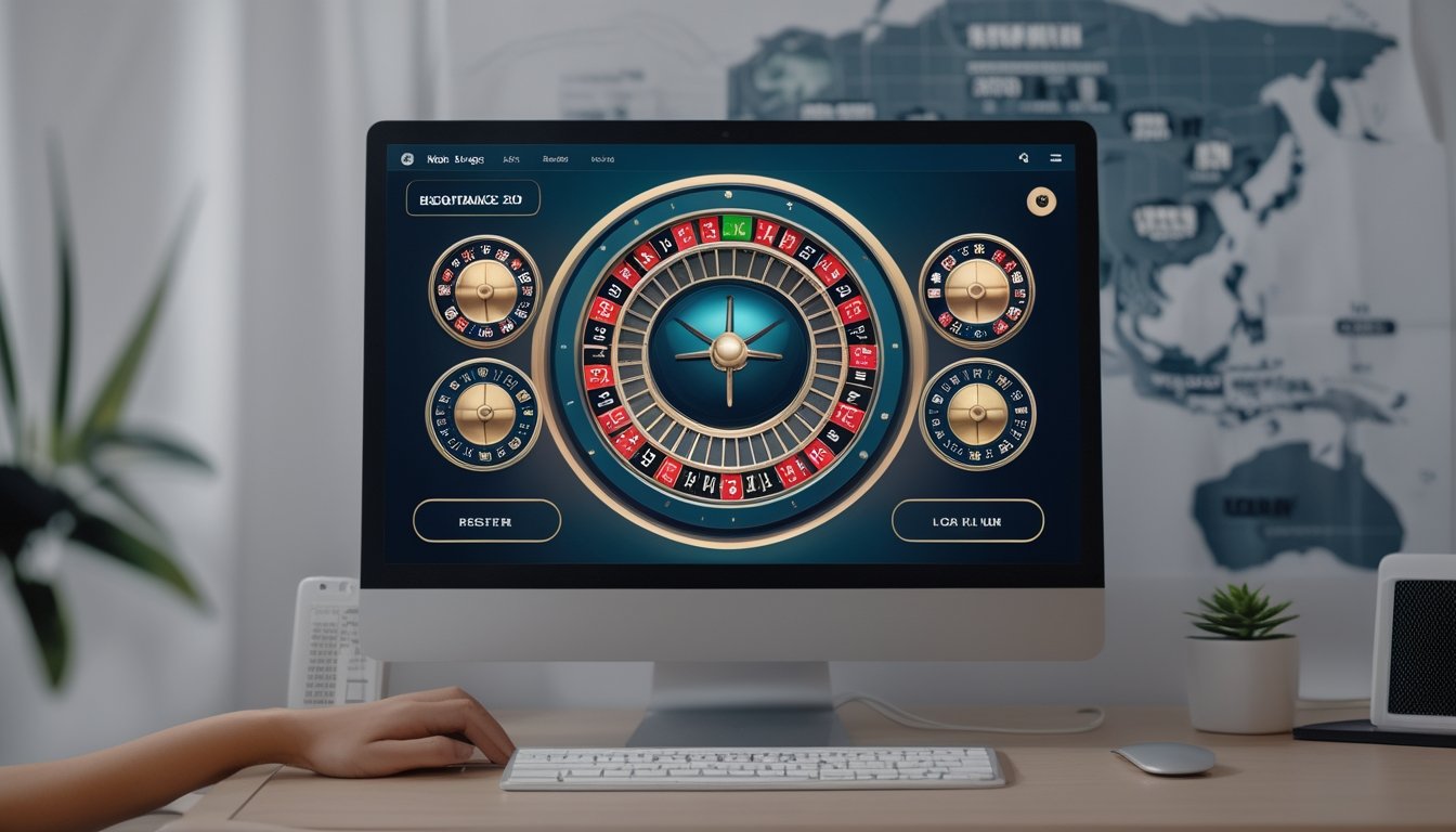 Seseorang sedang menggunakan komputer untuk bermain roulette multi-wheel online dengan beberapa roda roulette berwarna-warni di layar.