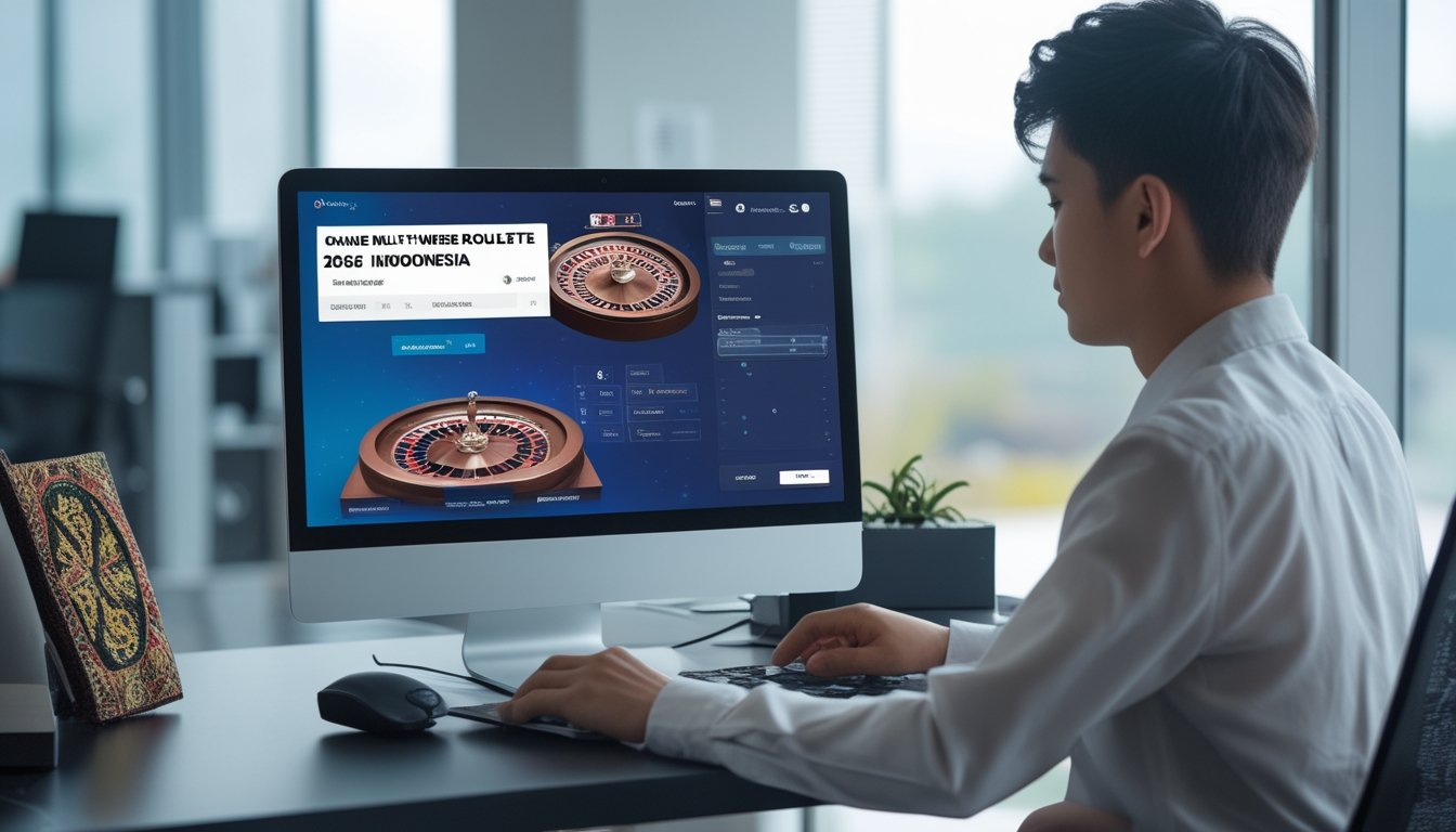 Seseorang duduk di meja kerja dengan laptop, sedang mempersiapkan pendaftaran dan login akun permainan roulette online.