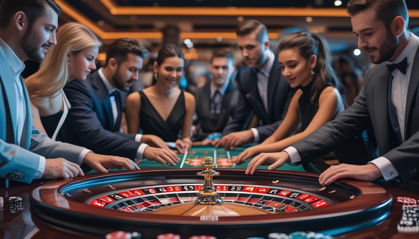 Beberapa pemain berpakaian rapi sedang bermain dan memasang taruhan pada beberapa roda roulette di meja kasino.