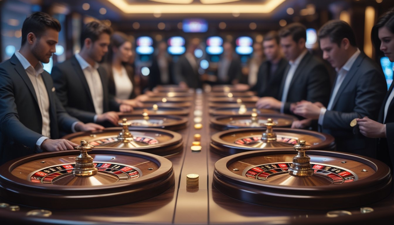 Beberapa roda roulette berjejer di meja kasino dengan pemain yang mengamati dan membuat keputusan taruhan.