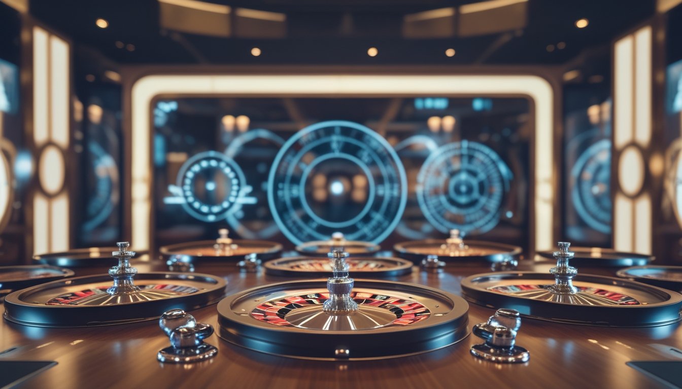 Beberapa roda roulette berjejer di meja kasino modern dengan layar digital besar di latar belakang yang menampilkan grafik teknologi.