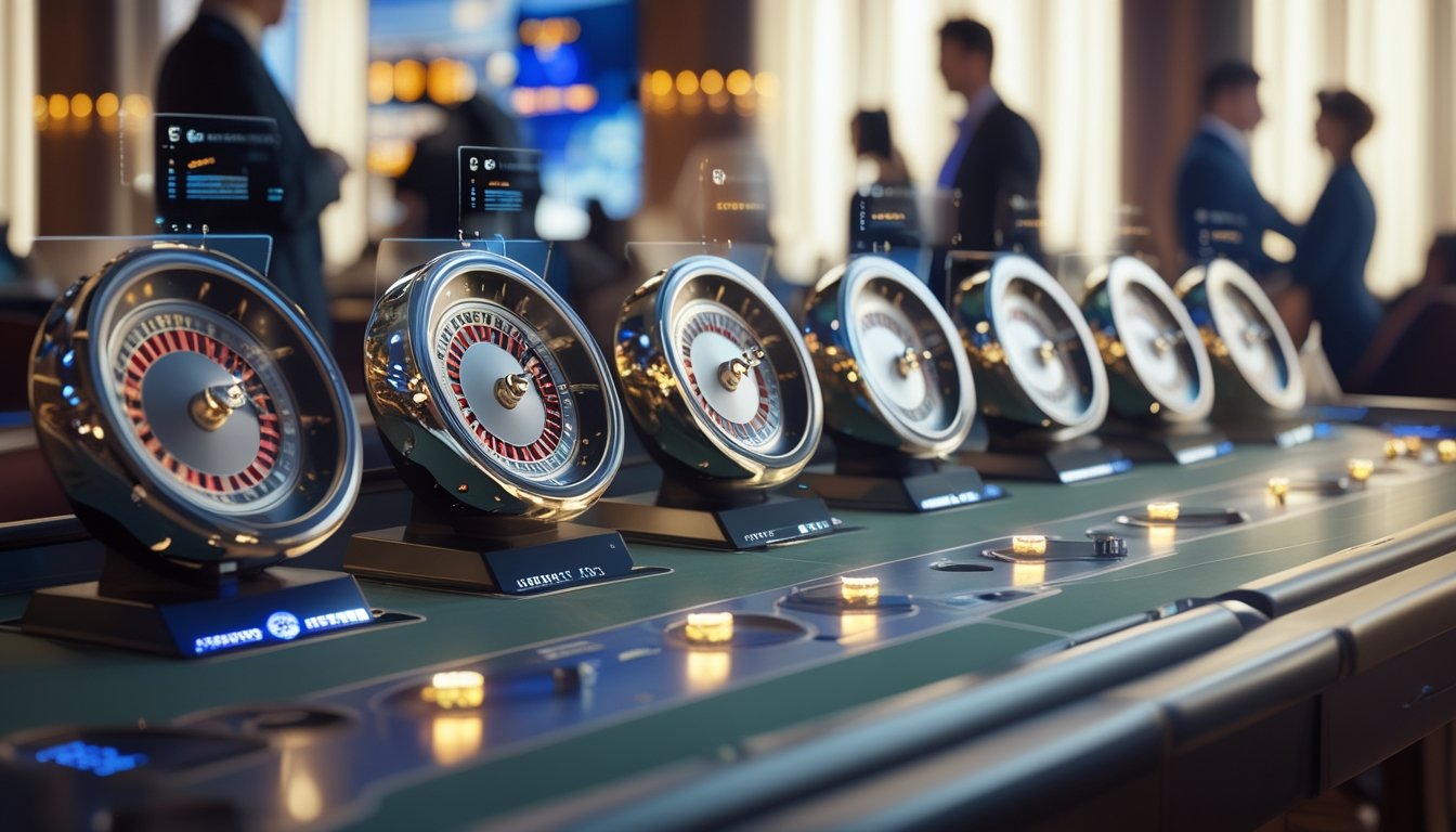 Beberapa roda roulette yang berbeda disusun berdampingan di atas meja kasino dengan latar belakang orang-orang bermain dan pencahayaan hangat.