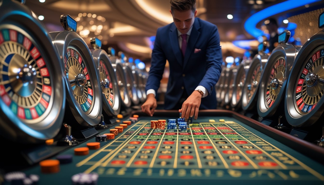 Seorang pemain berjudi di meja roulette dengan beberapa roda roulette yang berjejer, suasana kasino yang elegan dan pencahayaan hangat.