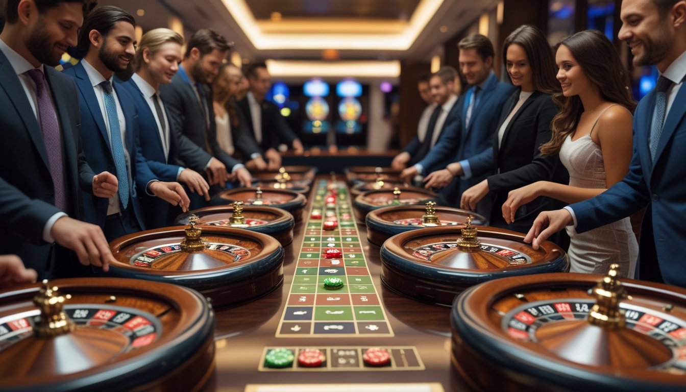 Beberapa roda roulette berputar bersamaan di meja kasino dengan pemain yang sedang memasang taruhan.