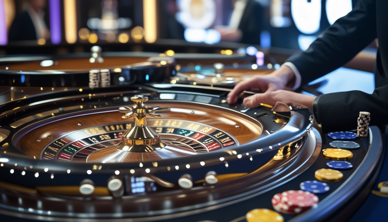 Meja roulette dengan beberapa roda roulette berputar berdampingan di kasino yang terang dan ramai, dengan tangan dealer menempatkan taruhan sampingan.