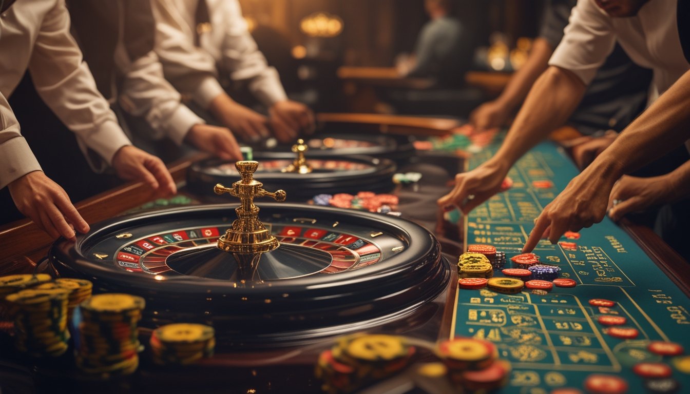 Beberapa roda roulette yang berjajar di atas meja kasino dengan tangan pemain memasang taruhan sampingan.