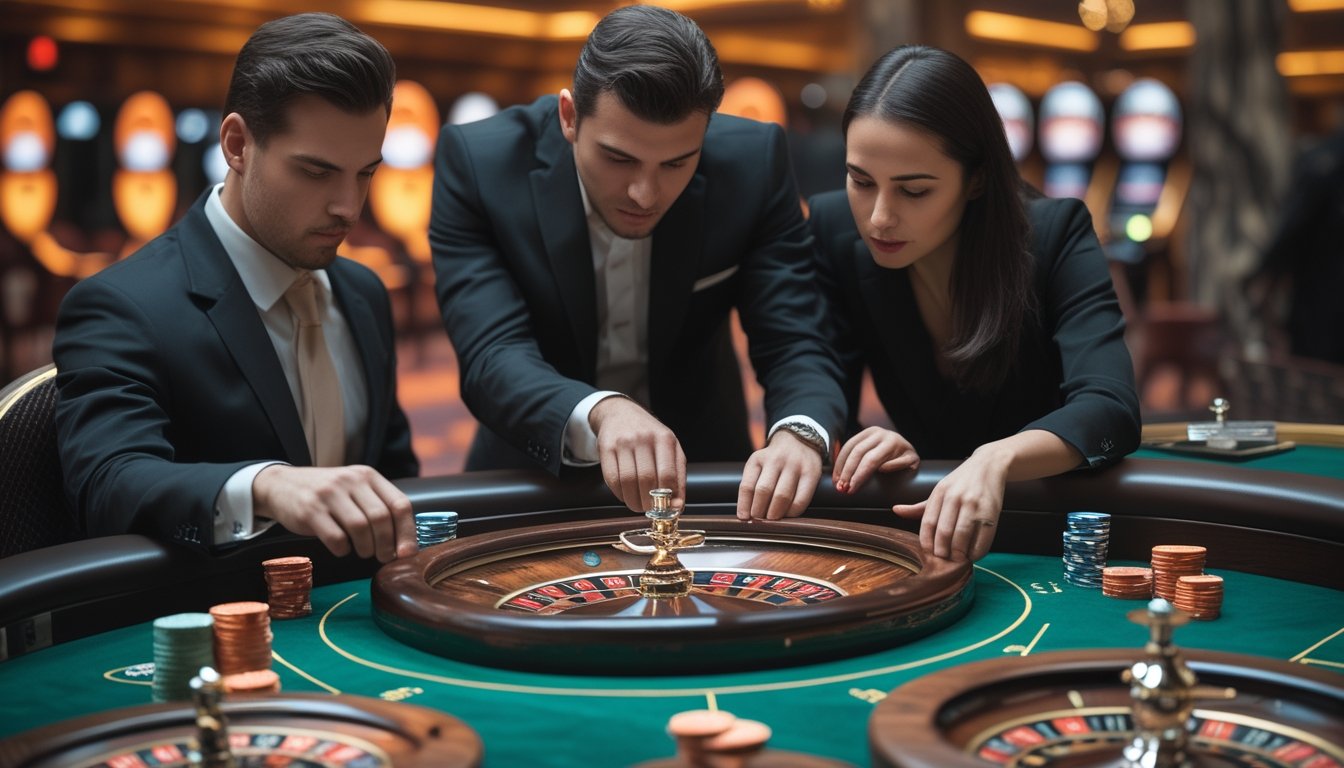 Dua pemain sedang fokus bermain roulette multi-roda di meja kasino dengan beberapa roda roulette berputar.