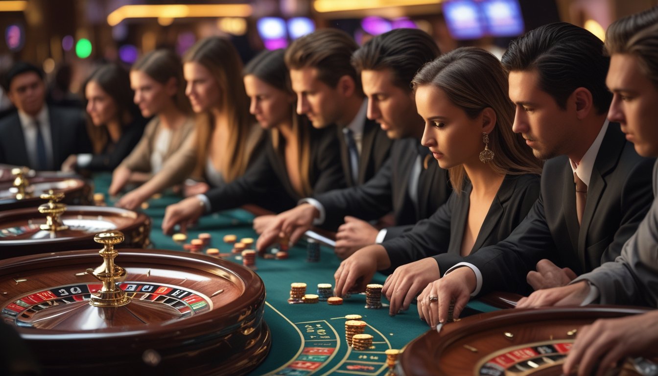Beberapa pemain di meja kasino yang sedang bermain roulette dengan beberapa roda roulette berdampingan.