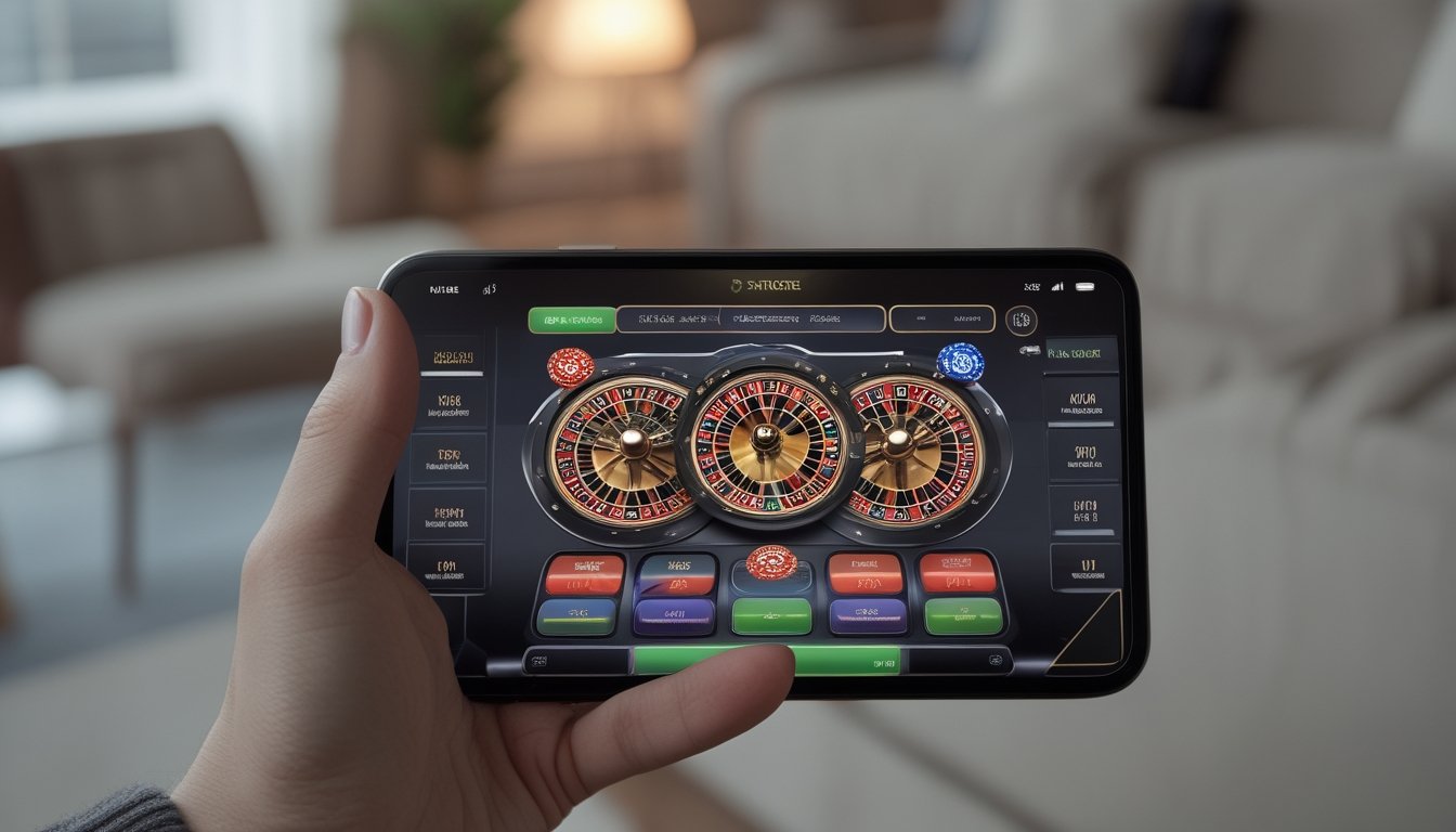 Seseorang memegang smartphone yang menampilkan permainan roulette multi-wheel berwarna-warni di layar.