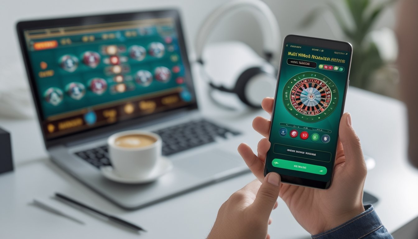 Seseorang memegang smartphone yang menampilkan permainan multi-wheel roulette dengan latar belakang meja kerja minimalis.