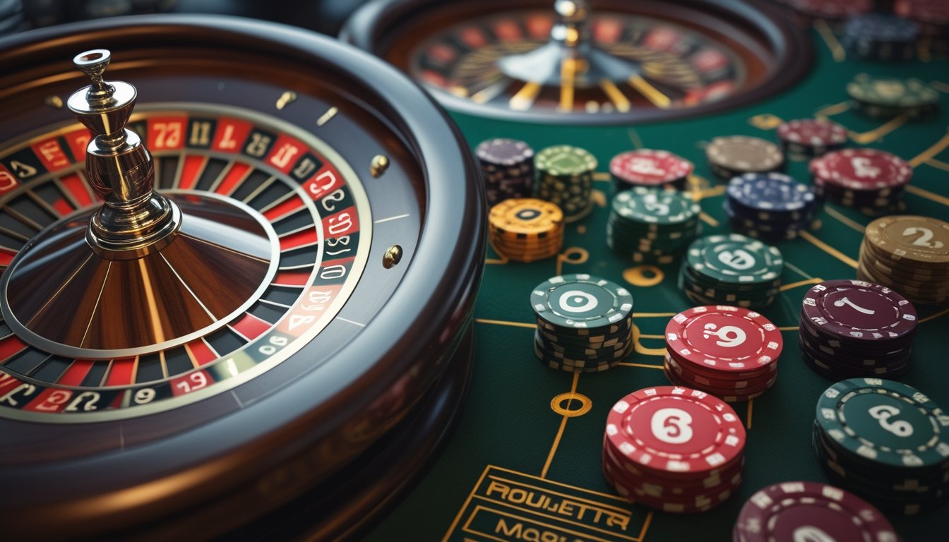 Pemandangan meja kasino dengan satu roda roulette klasik dan beberapa roda roulette yang berjejer, menunjukkan perbedaan antara kedua jenis permainan.