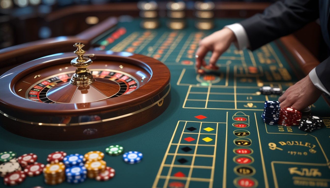 Meja kasino dengan roda roulette klasik dan beberapa roda roulette multi-wheels berdampingan, dengan chip taruhan dan tangan dealer yang sedang memasang taruhan.