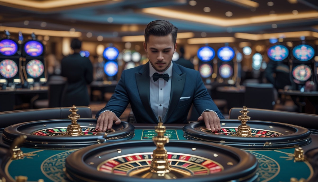 Seorang pemain profesional yang fokus menguasai beberapa meja roulette sekaligus di kasino mewah.