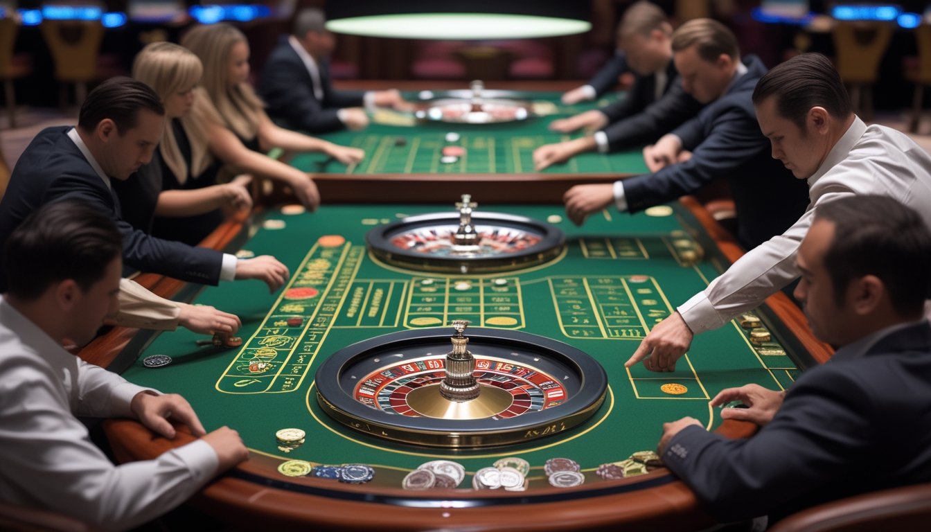 Meja roulette multi-wheel dengan beberapa roda berputar dan pemain profesional yang sedang memasang taruhan di kasino mewah.