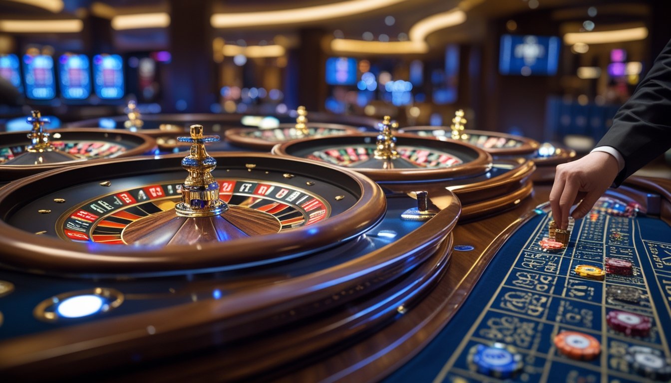 Meja kasino dengan beberapa roda roulette berjejer dan tumpukan chip warna-warni, dengan tangan dealer siap memutar bola roulette.