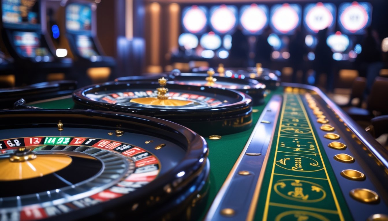 Meja kasino dengan beberapa roda roulette yang berputar dan bola roulette dalam gerakan, dengan latar belakang pemain yang mengamati permainan.
