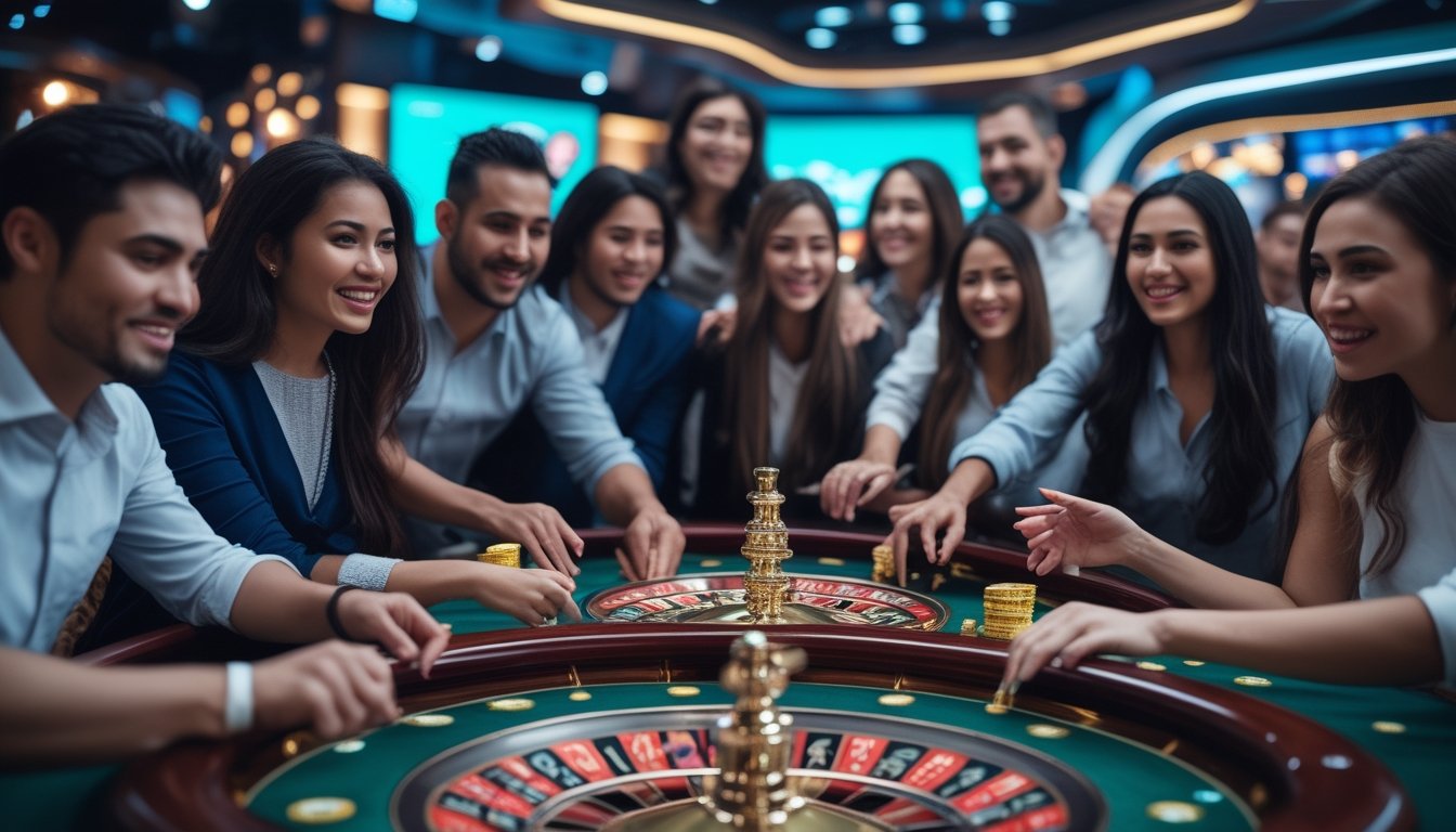 Sekelompok orang bermain di meja roulette multi-wheel dengan beberapa roda berputar di kasino yang mewah dan terang.