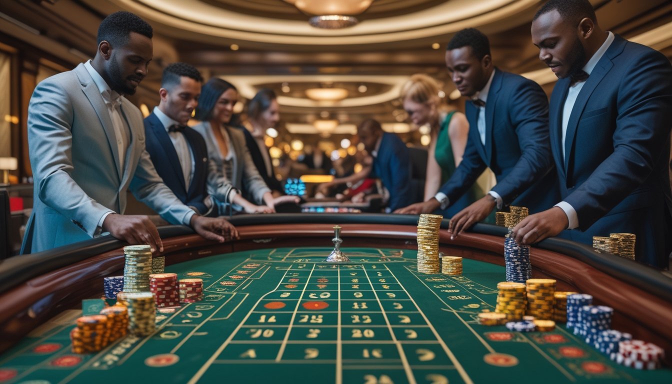 Beberapa pemain di meja taruhan roulette dengan banyak roda yang berputar bersamaan di kasino yang mewah.