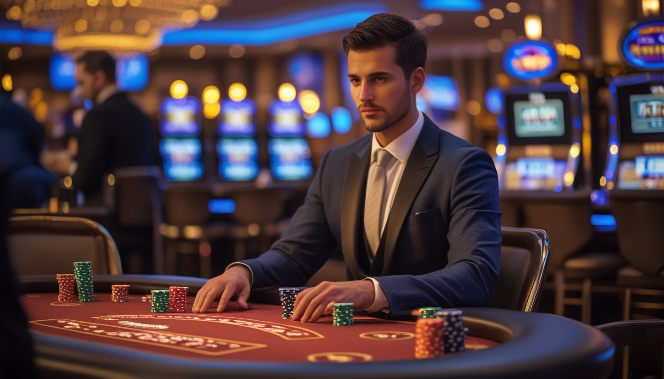 Seorang pemain poker duduk di meja kasino dengan chip dan kartu, fokus pada permainan poker progresif.