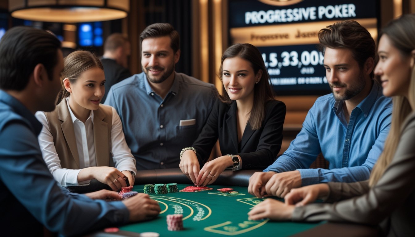 Sekelompok orang bermain poker di meja hijau dengan chip dan kartu di kasino yang terang.