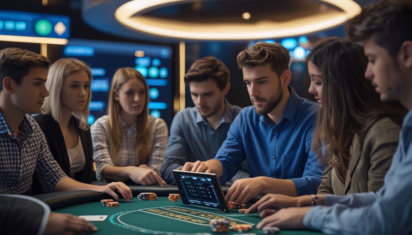 Sekelompok orang muda bermain poker di meja dengan chip dan kartu, satu pemain menggunakan tablet untuk menghitung langkah berikutnya di kasino modern.