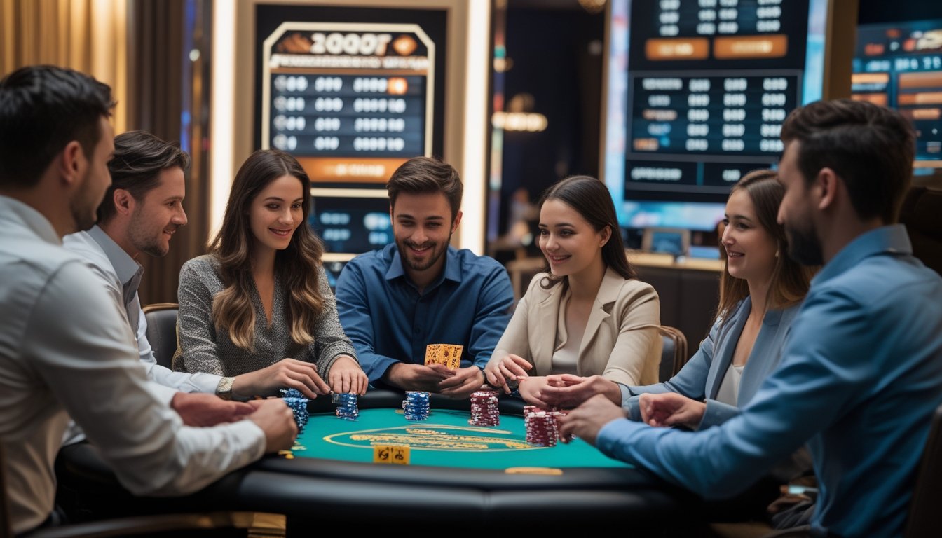 Sekelompok orang bermain poker di meja dengan chip dan kartu, fokus pada taruhan progresif di suasana kasino yang terang.