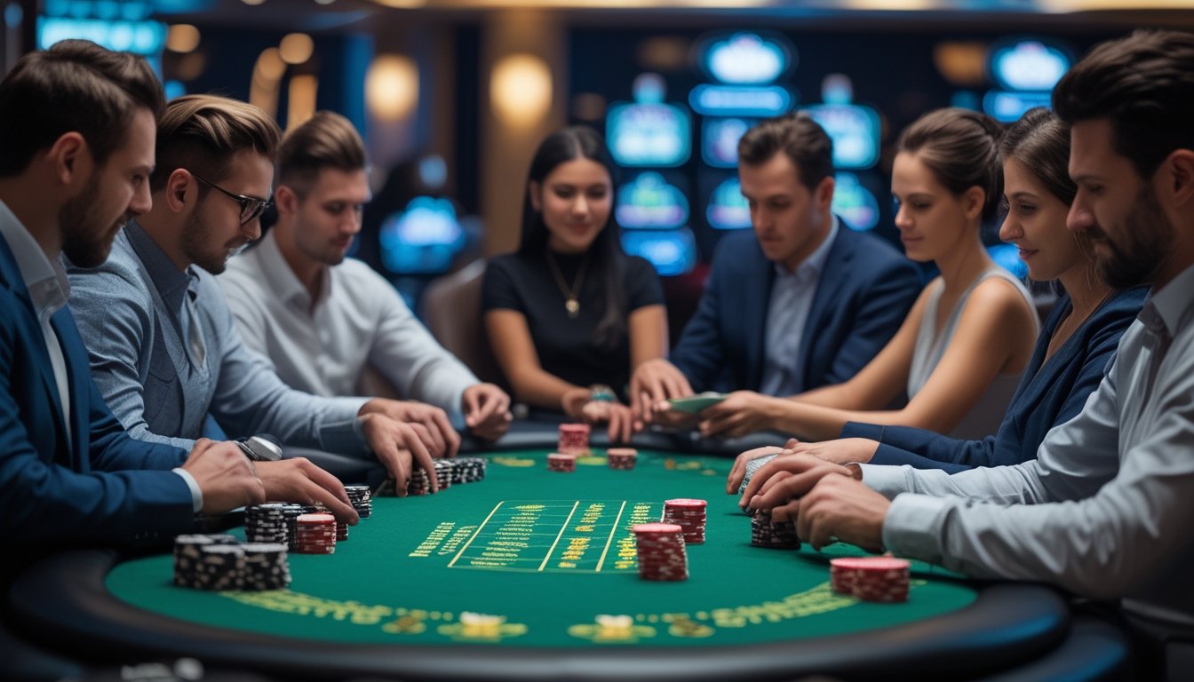 Beberapa orang sedang bermain poker di meja kasino dengan suasana profesional dan fokus pada permainan.