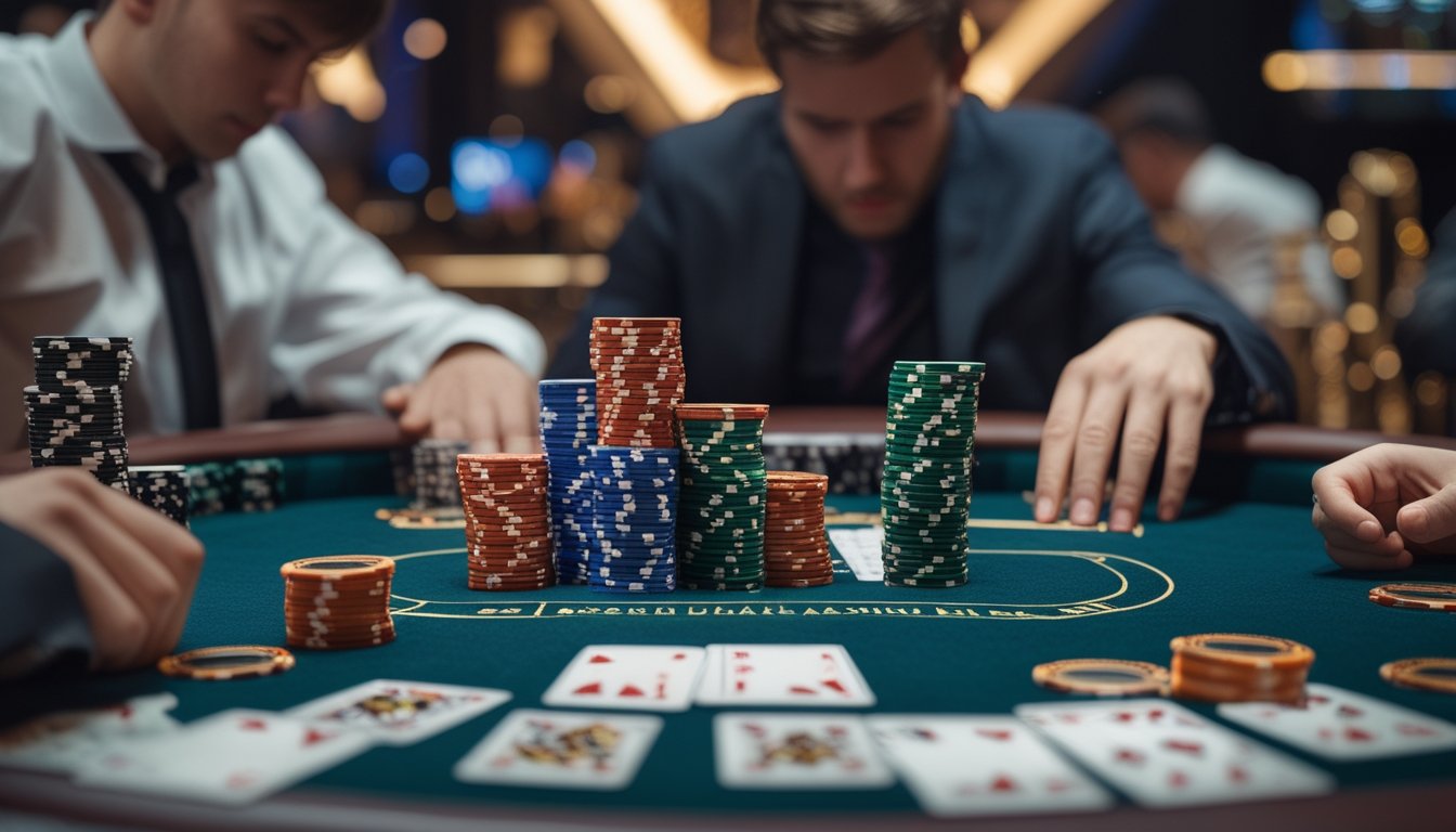 Beberapa pemain poker duduk di sekitar meja poker dengan tumpukan chip dan kartu, salah satu pemain terlihat fokus memikirkan langkah berikutnya.