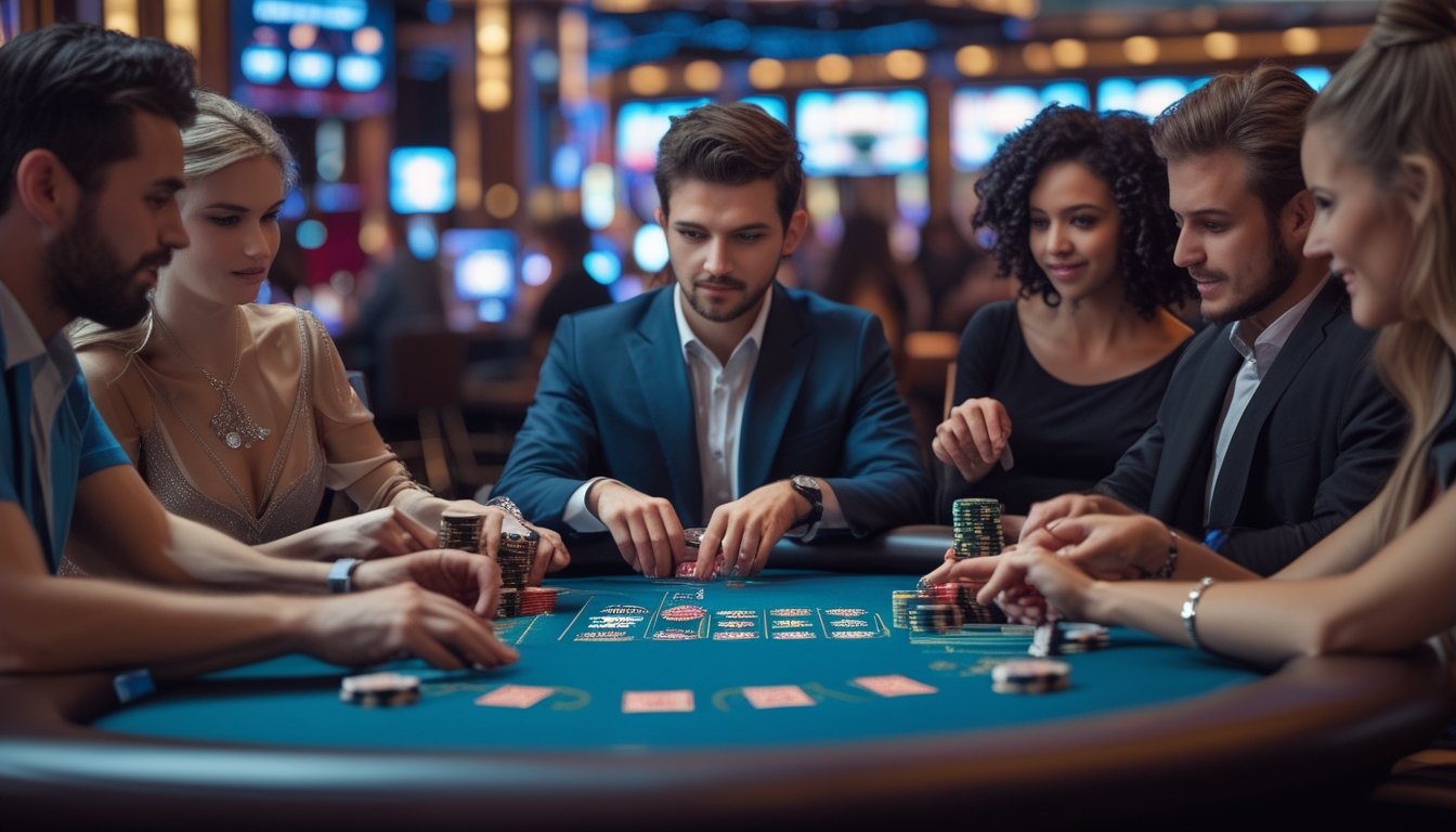 Sekelompok orang bermain poker progresif di meja kasino yang mewah dengan suasana yang hidup dan fokus.