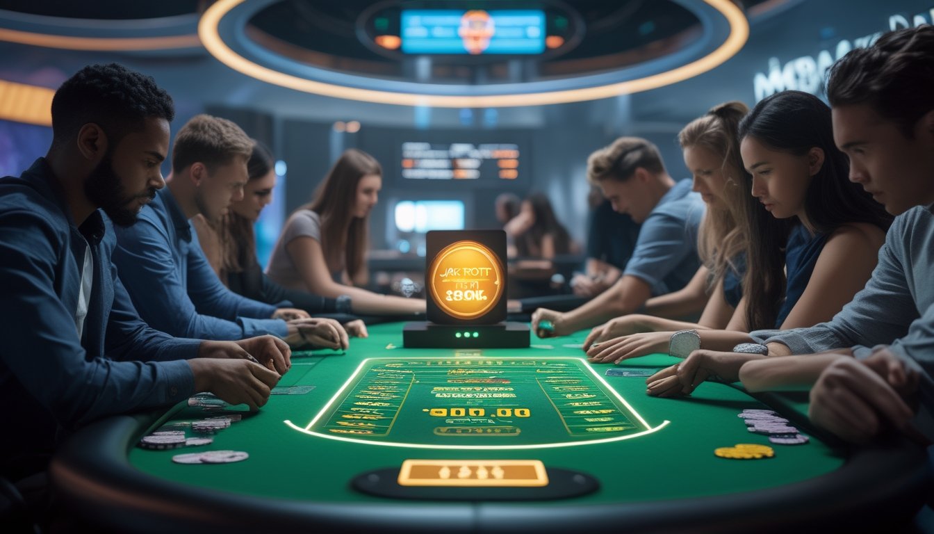 Meja poker modern dengan pemain yang fokus dan tampilan jackpot progresif digital yang menunjukkan jumlah hadiah yang meningkat.
