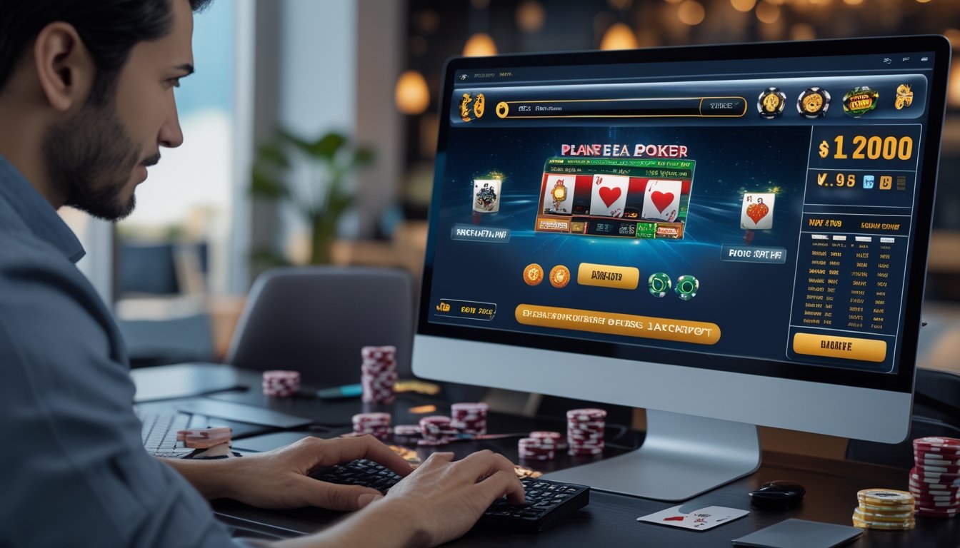 Seorang pemain sedang bermain poker online di komputer dengan tampilan jackpot progresif di layar dalam suasana ruangan yang terang dan modern.