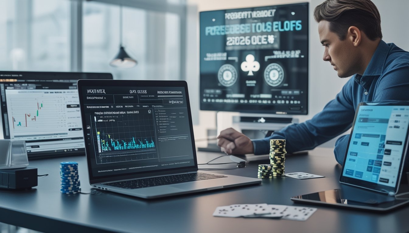 Seorang profesional sedang menganalisis data probabilitas dan matematika taruhan poker progresif di meja kerja dengan laptop, tablet, chip poker, dan kartu remi.