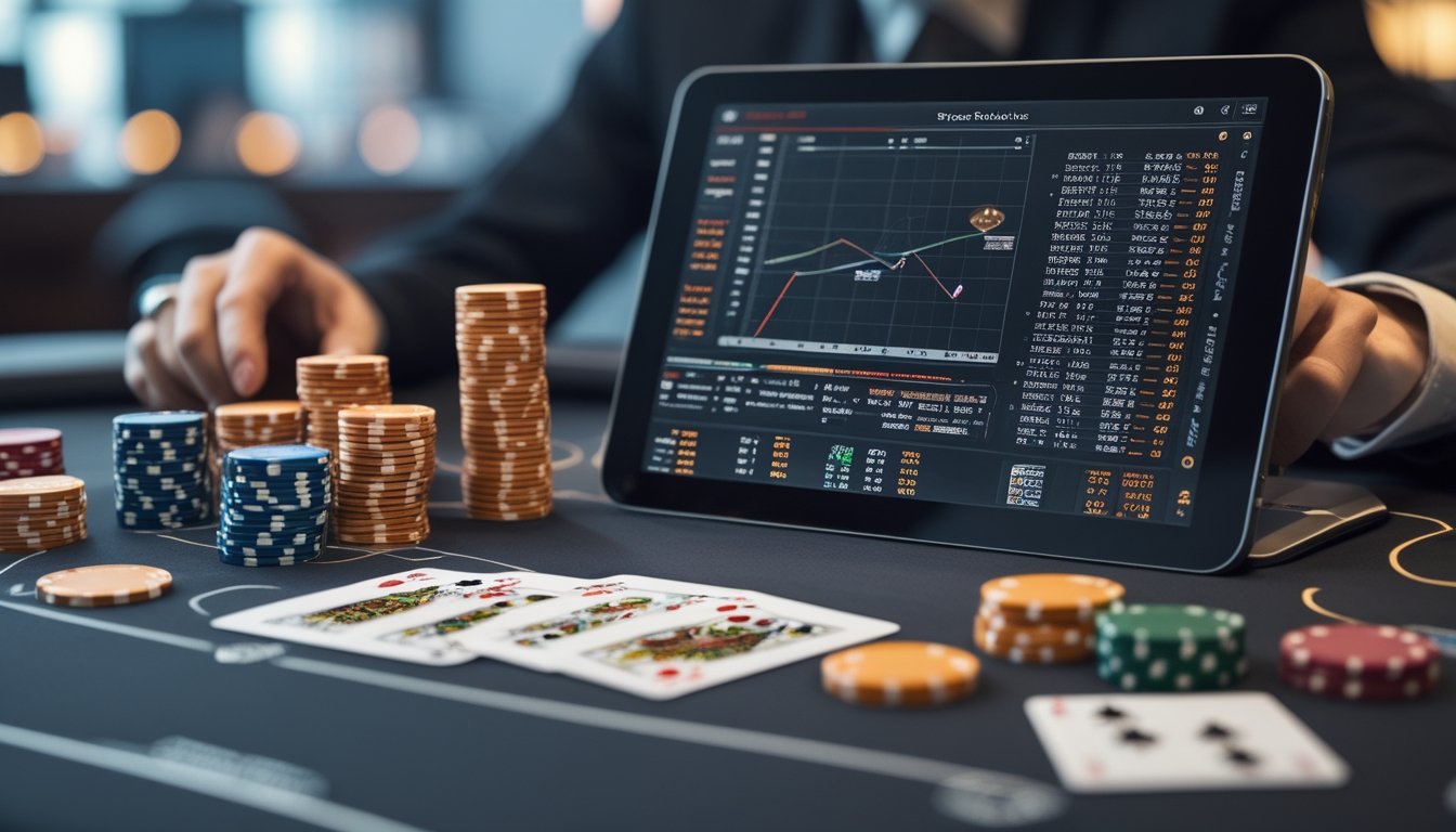Meja poker dengan chip, kartu, dan perangkat digital yang menampilkan grafik probabilitas dalam suasana kasino modern.