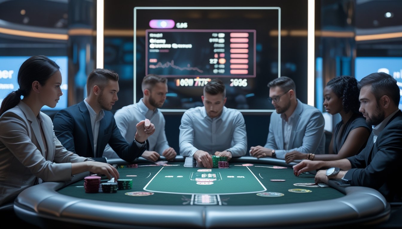 Sekelompok pemain poker sedang bermain di meja poker modern dengan chip digital dan kartu, di dalam suasana kasino yang canggih.