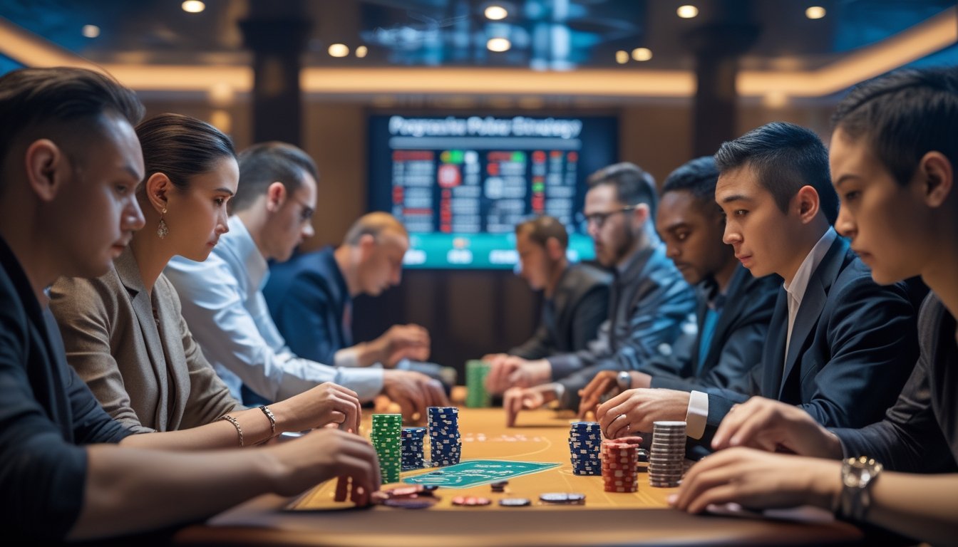 Sekelompok pemain poker serius sedang bermain di meja kasino dengan tumpukan chip dan kartu, fokus pada permainan progresif.