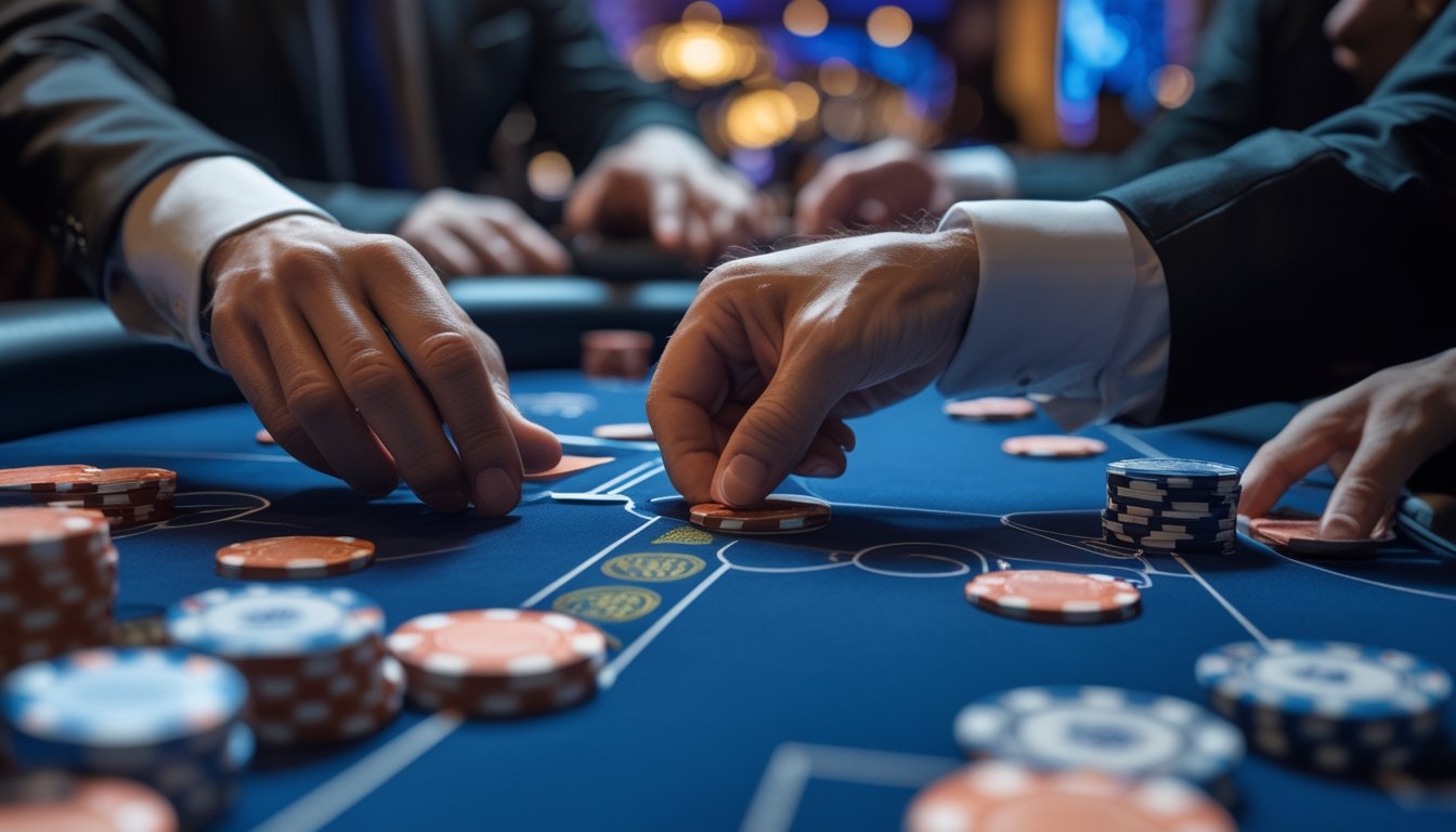 Meja poker kasino dengan tumpukan chip dan kartu, tangan pemain sedang memasang taruhan dalam permainan poker.