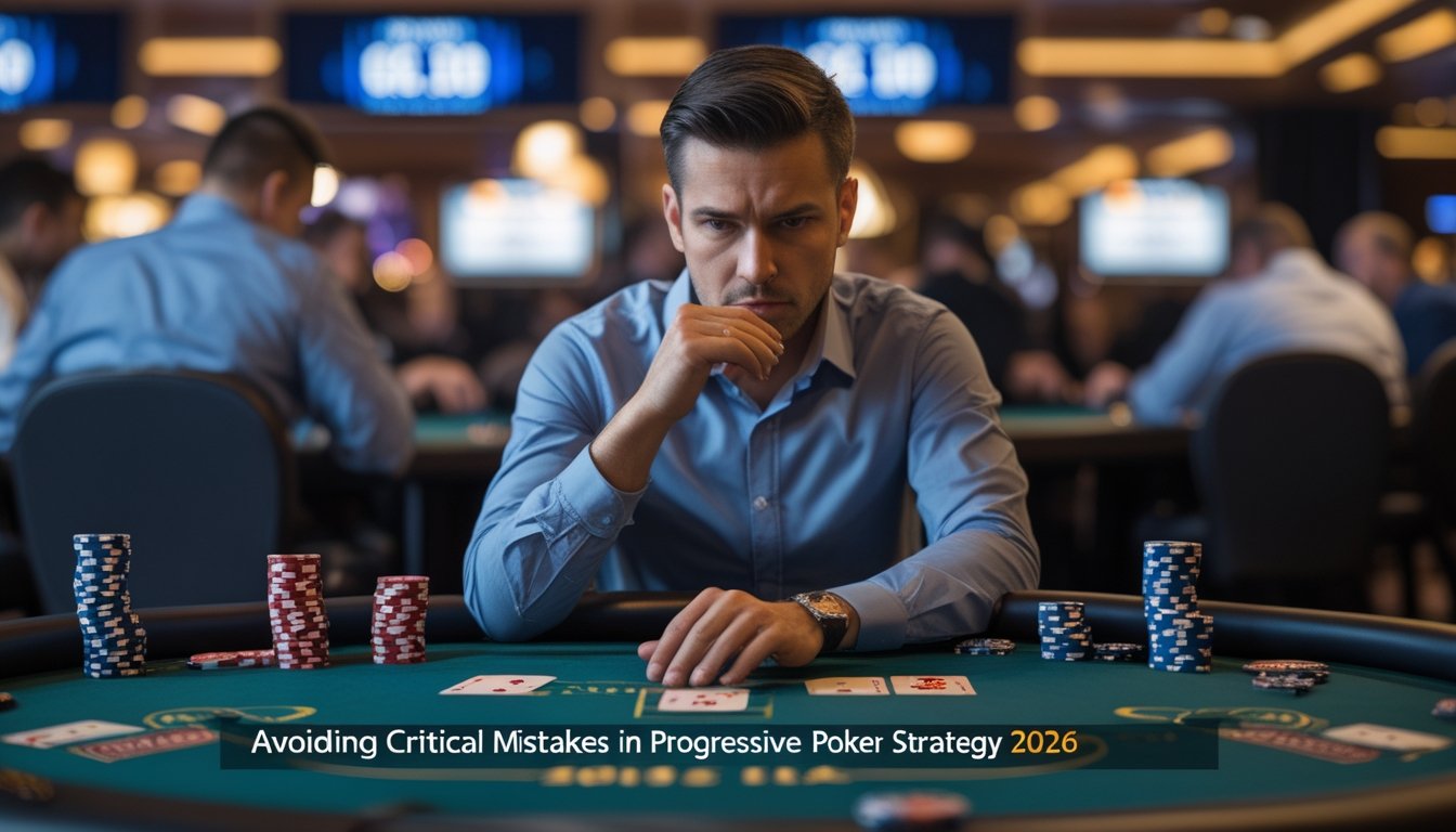 Seorang pemain poker serius sedang fokus bermain di meja poker dengan kartu dan chip, di latar belakang tampak suasana kasino modern.