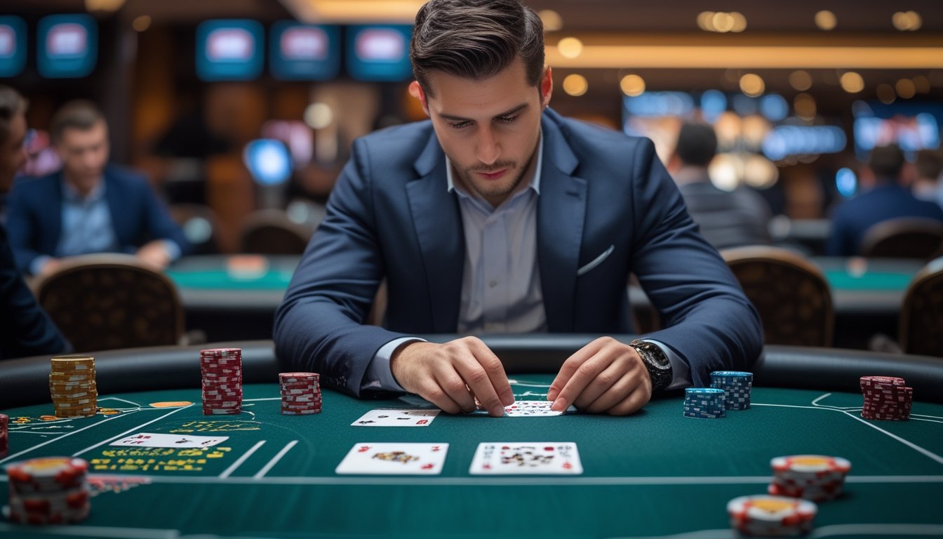Seorang pria sedang mengatur chip poker dan uang di meja poker dalam sesi permainan poker progresif yang panjang di kasino modern.