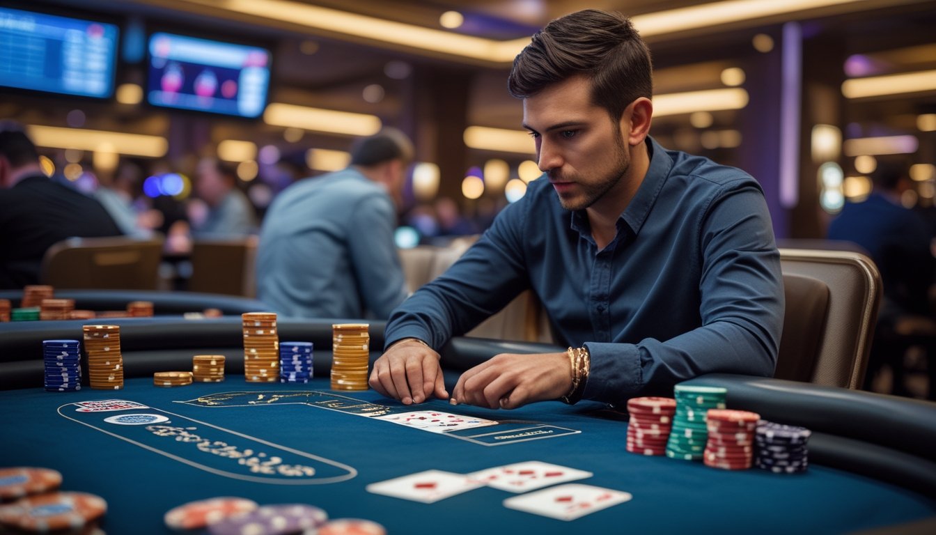 Seorang pemain poker fokus mengelola modal dengan tumpukan chip dan kartu di meja poker di kasino.