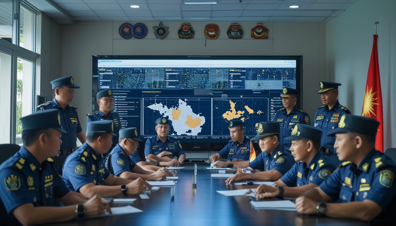 Sekelompok polisi dan pejabat pemerintah sedang berdiskusi serius di kantor modern dengan layar digital besar yang menampilkan data dan peta terkait jaringan judi ilegal.
