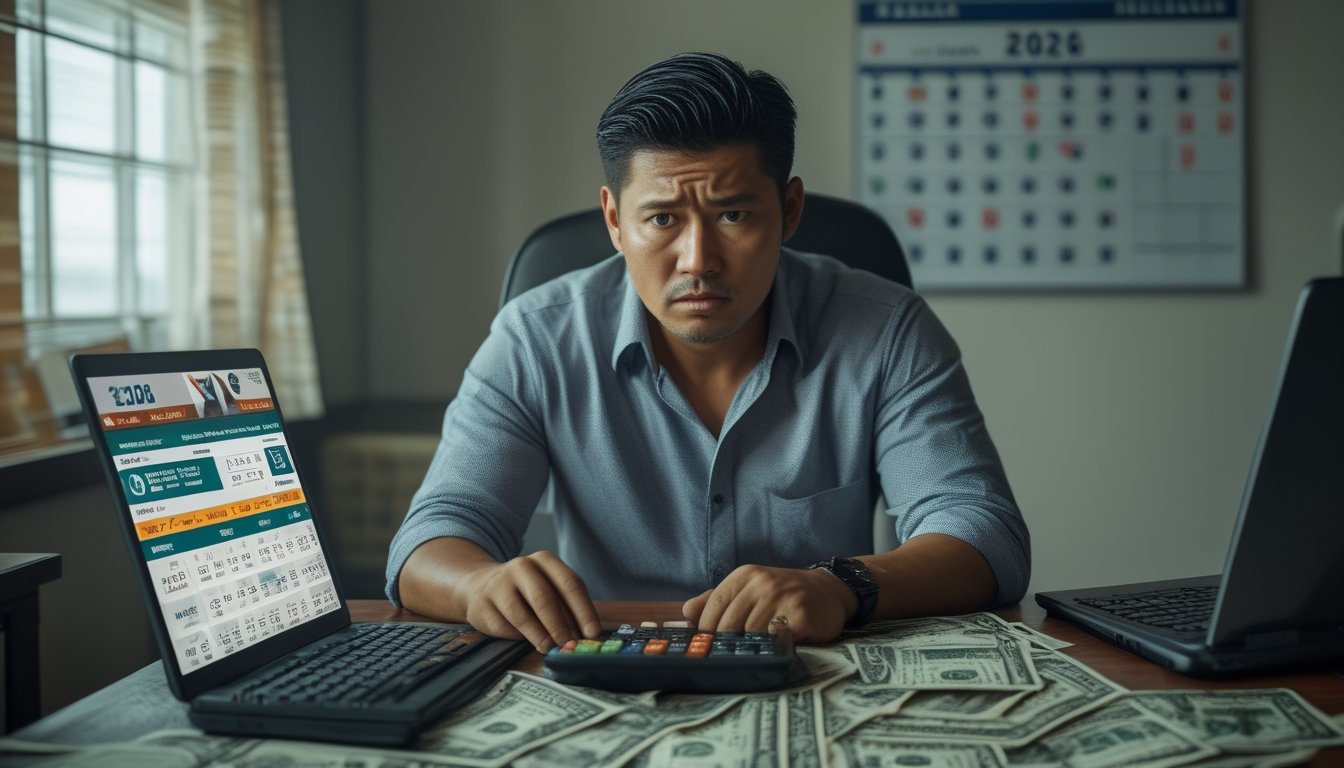 Seorang pria Indonesia terlihat khawatir duduk di meja dengan tagihan, kalkulator, dan laptop yang menampilkan grafik keuangan menurun dan peluang taruhan sepak bola.