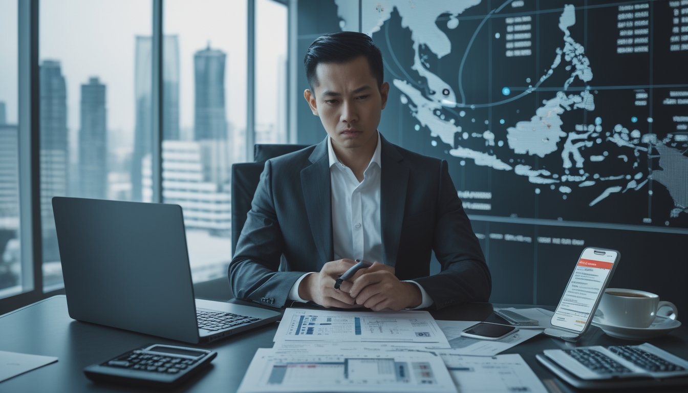 Seorang pria bisnis Indonesia duduk di meja kantor dengan dokumen keuangan dan laptop yang menampilkan grafik penurunan, di belakangnya peta digital Indonesia yang menyoroti daerah terdampak.