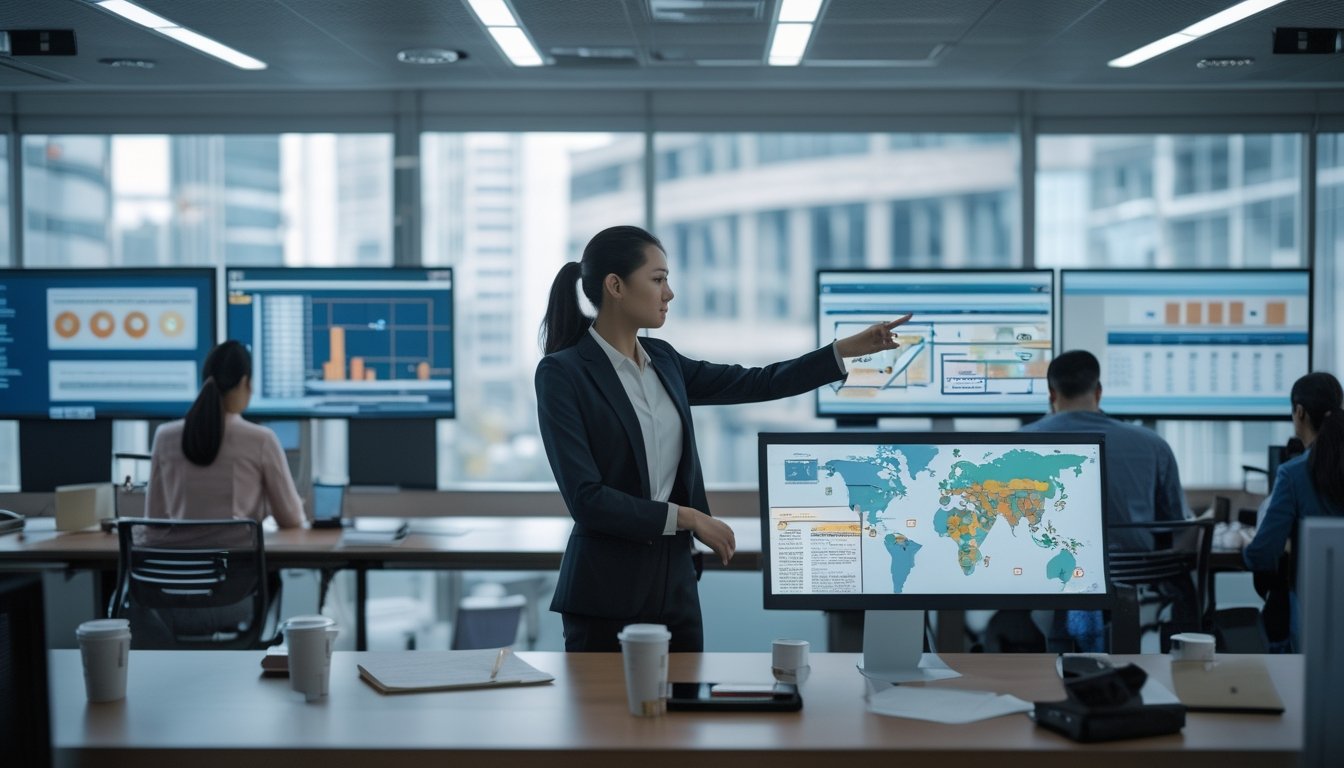 Seorang analis perempuan menunjuk peta digital di kantor modern dengan beberapa orang bekerja memantau data keuangan terkait aliran dana gelap bandar bola.