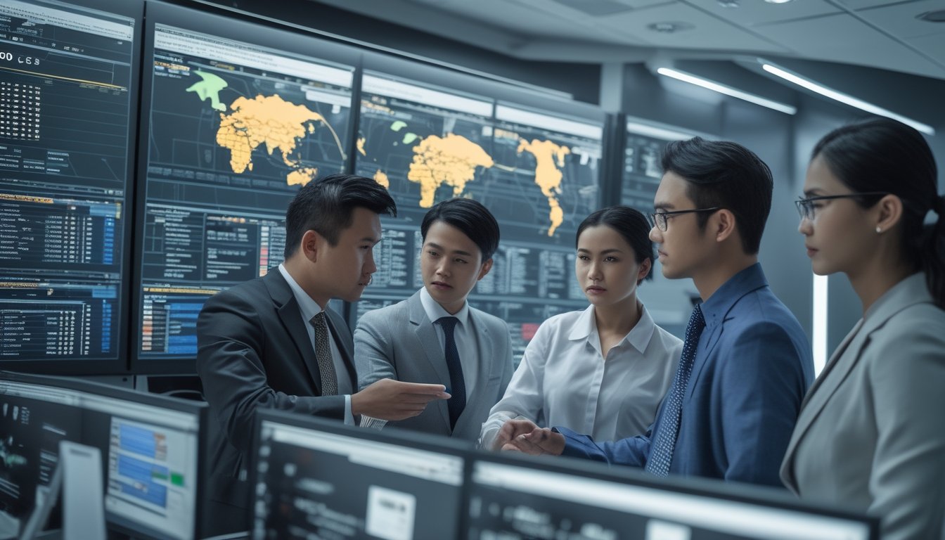 Sejumlah profesional sedang menganalisis data keuangan di kantor modern dengan layar besar yang menampilkan peta dan grafik aliran dana.